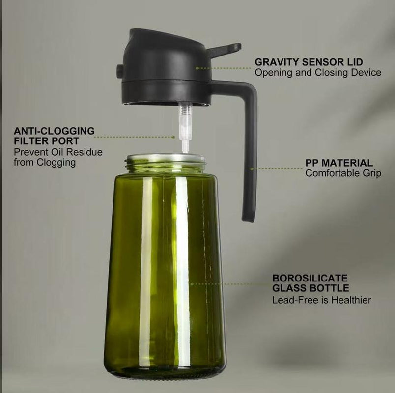 Olive Oil Dispenser Bottle with Sprayer – 16oz Dark Green Glass, Refillable Oil Mister for Cooking, Grilling, Air Fryer & More