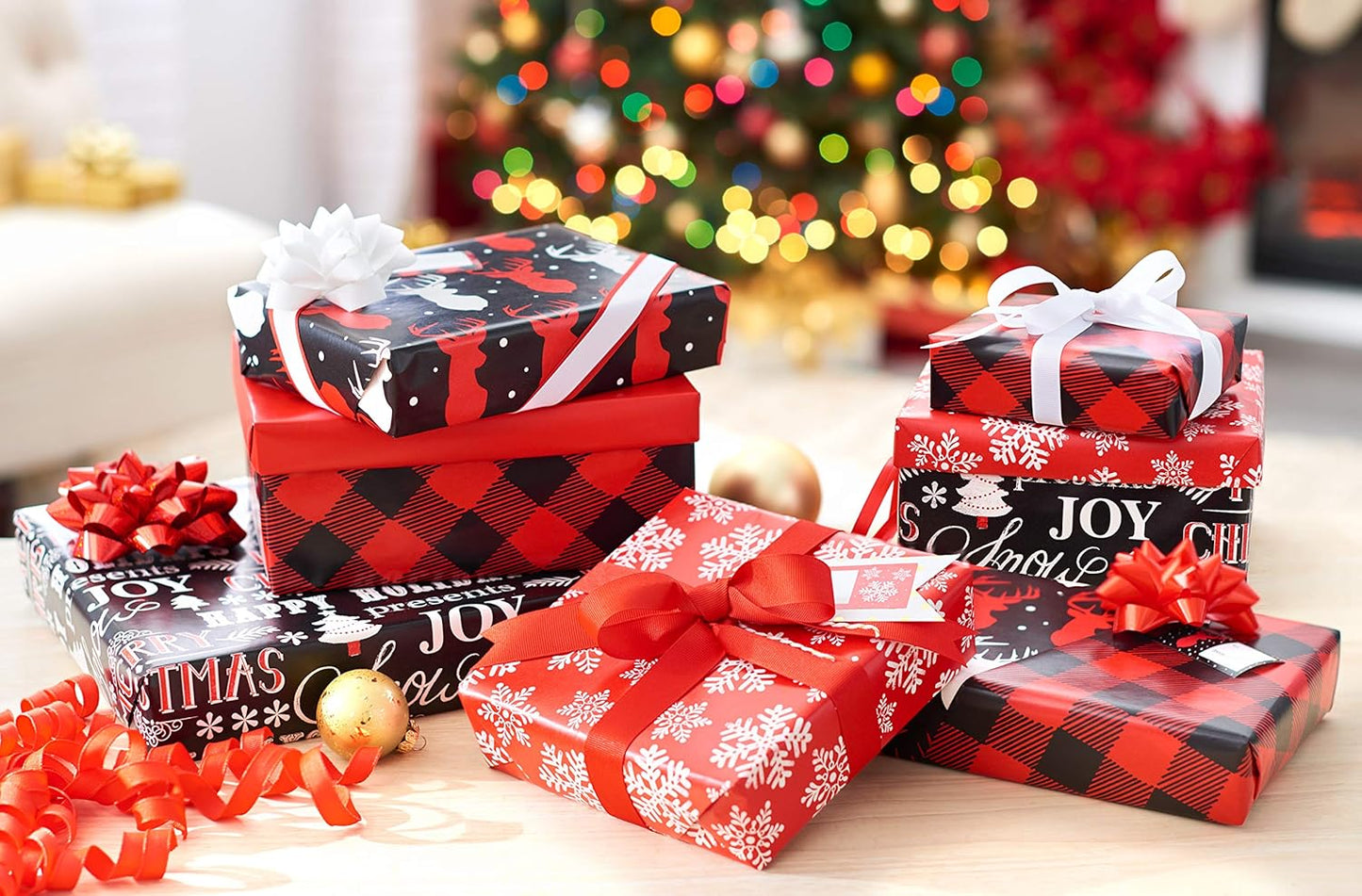 π Buffalo Plaid Christmas Wrapping Paper Set β Red & Black Holiday Gift Wrap with Snowflakes and Reindeer (4 Rolls, 120 Sq. Ft., 7 Bows & 30 Gift Tags)