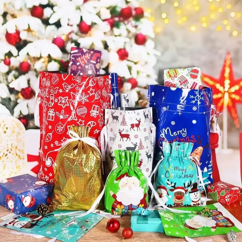π 5PCS Christmas Drawstring Gift Bags β Reusable Foil Wrapping Sacks for Holiday Presents & Party Favors