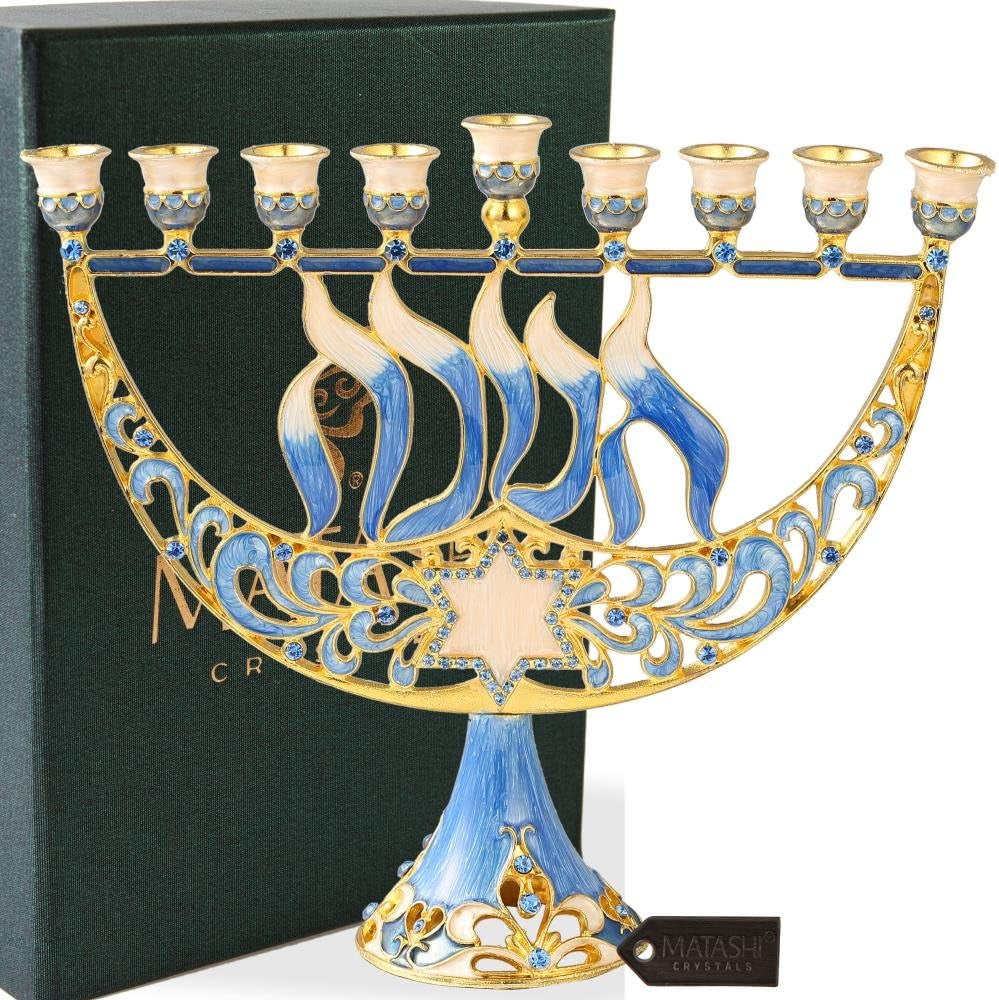 Hand Painted Enamel Menorah Candelabra with Star of David and Hanukkah Design and Embellished with Gold Accents and Crystals - Jewish Candle Holder, Holy Land Gift Showpiece for Living Room