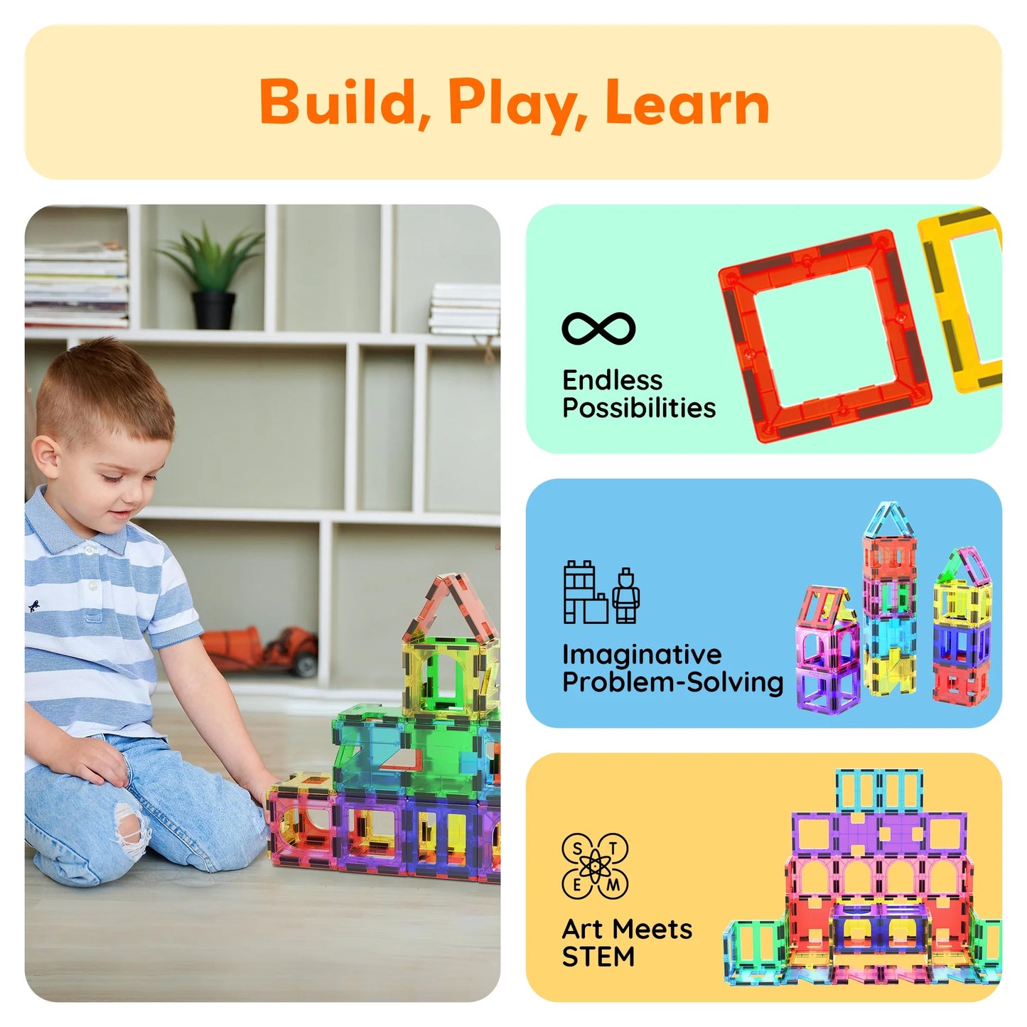 Magnetic Building Tiles Set for Kids – 42 Piece STEM Educational Construction Blocks, Creative Learning Toy for Toddlers & Children Ages 3+