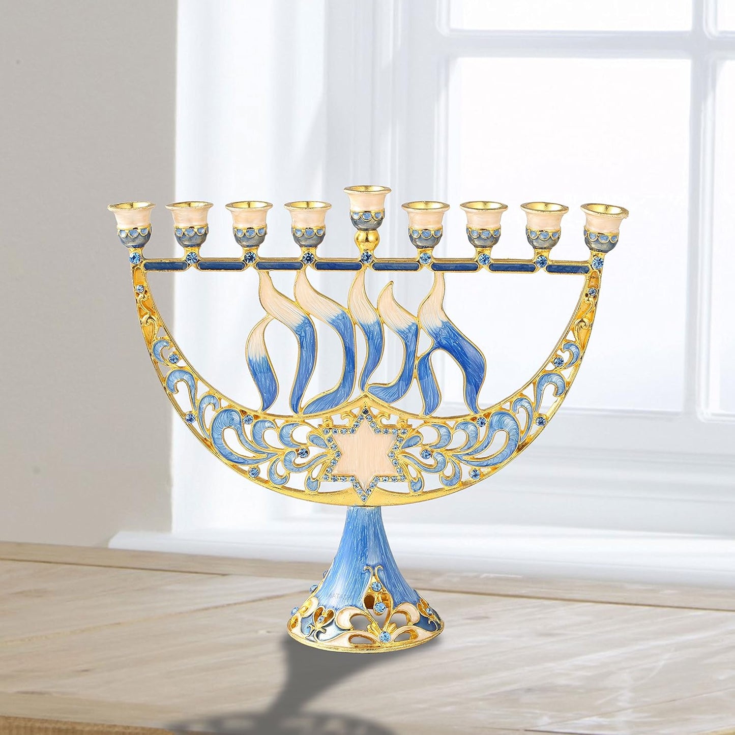Hand Painted Enamel Menorah Candelabra with Star of David and Hanukkah Design and Embellished with Gold Accents and Crystals - Jewish Candle Holder, Holy Land Gift Showpiece for Living Room