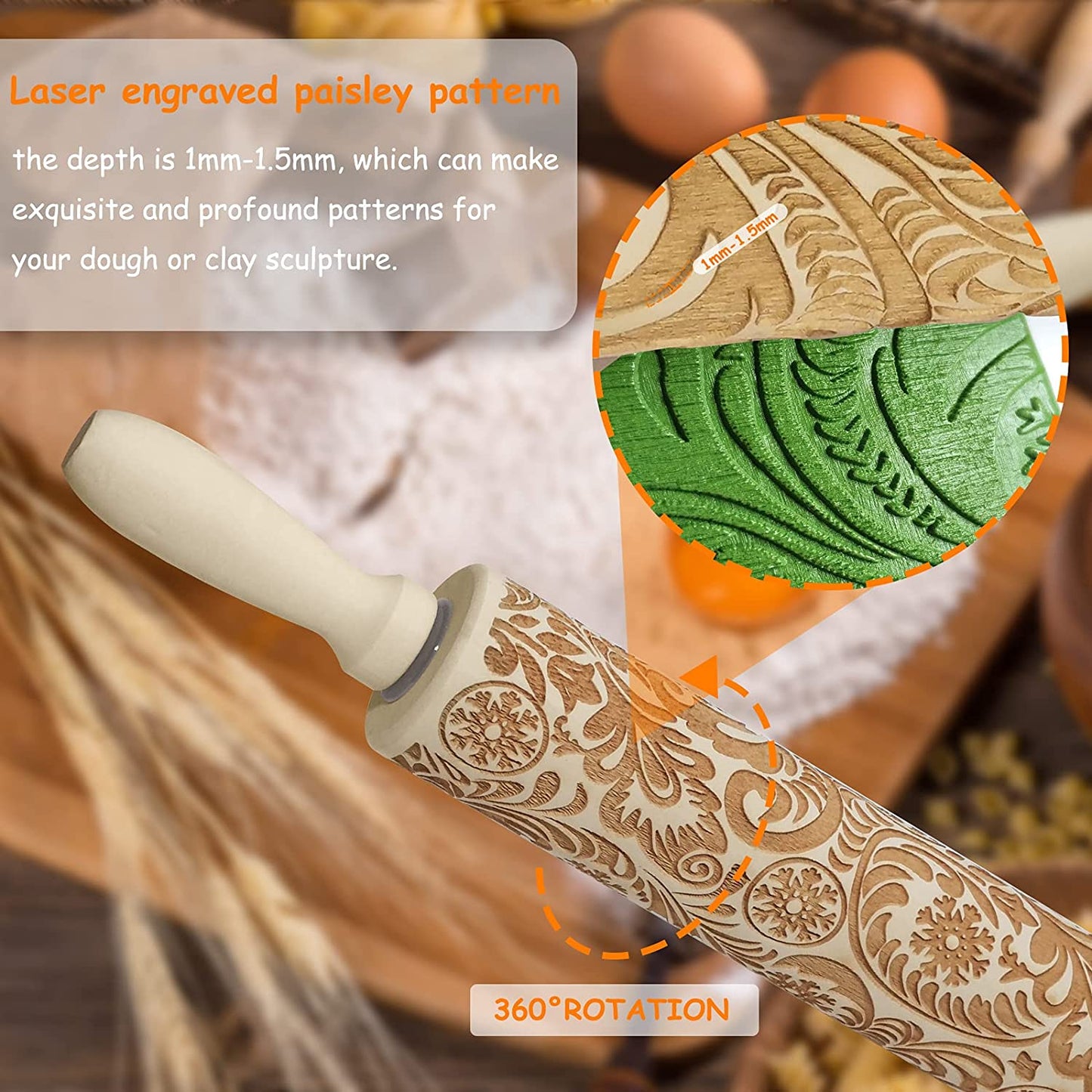 Christmas Embossed Wooden Rolling Pin β 3D Laser-Engraved Snowflake & Flower Pattern for Holiday Cookies, Pastry & Fondant (35Γ5 cm)