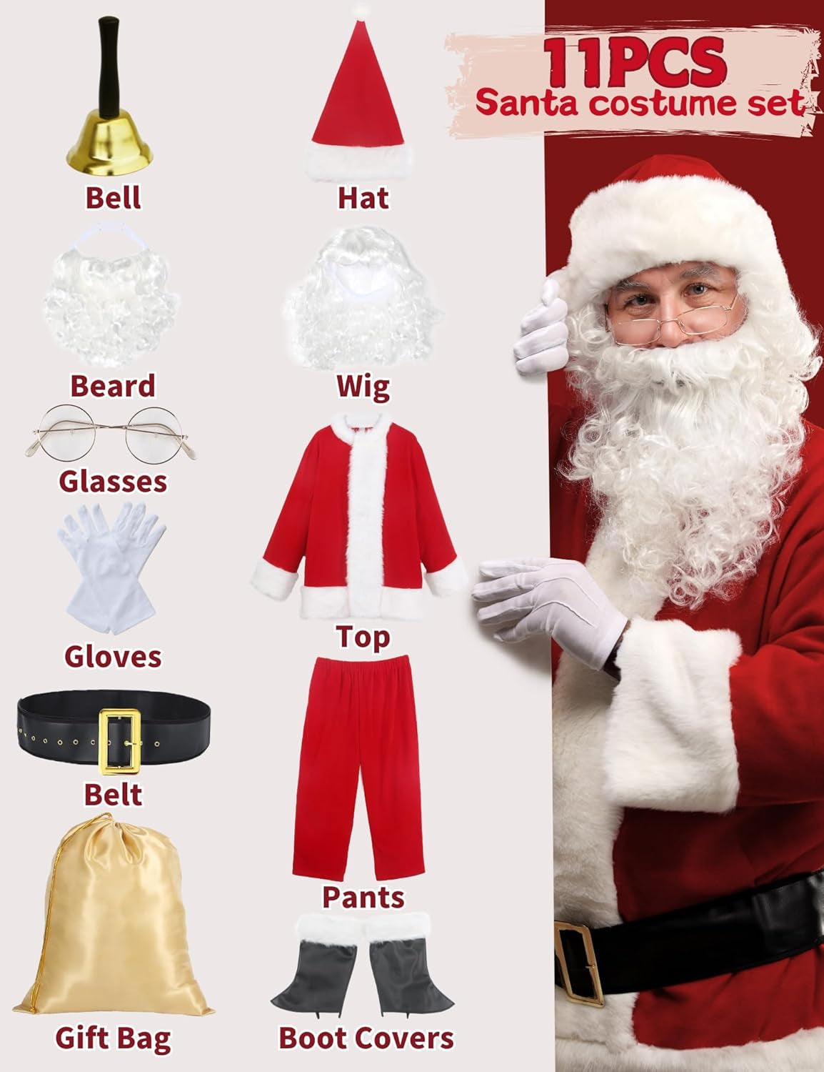 Deluxe Santa Claus Costume for Adults – 11-Piece Men’s Red Velvet Christmas Suit with Beard, Hat & Accessories