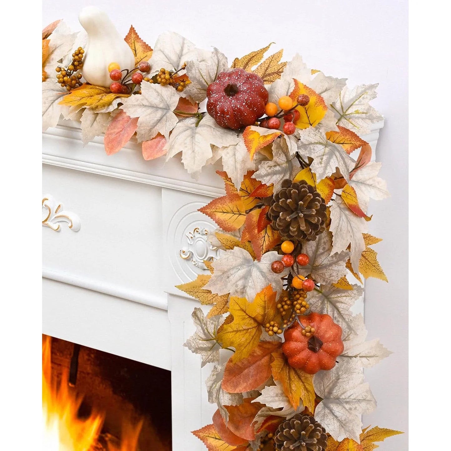 6FT Autumn Garland with Pumpkins, Maple Leaves & Pinecones – Cozy Fall Decorations for Mantle, Fireplace & Home Décor