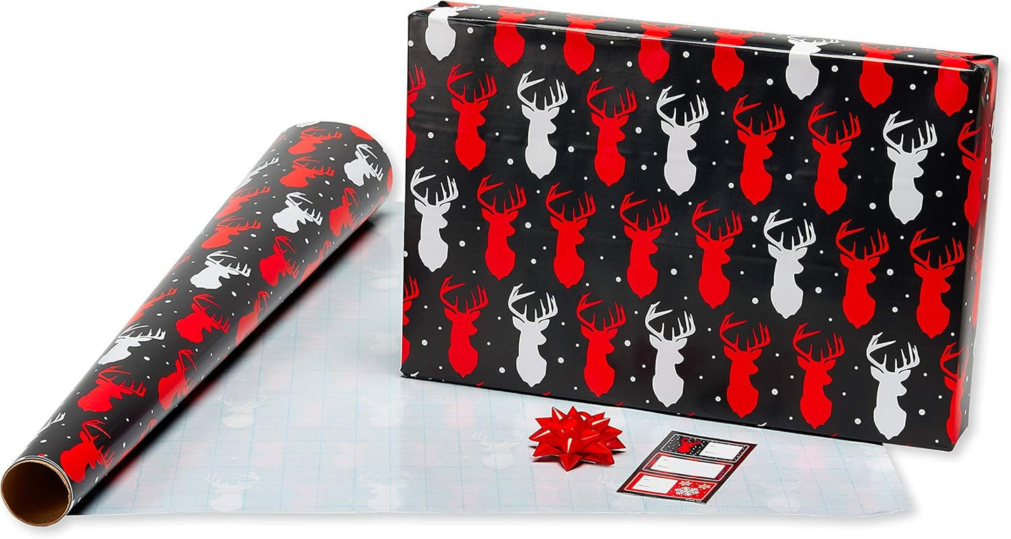 π Buffalo Plaid Christmas Wrapping Paper Set β Red & Black Holiday Gift Wrap with Snowflakes and Reindeer (4 Rolls, 120 Sq. Ft., 7 Bows & 30 Gift Tags)