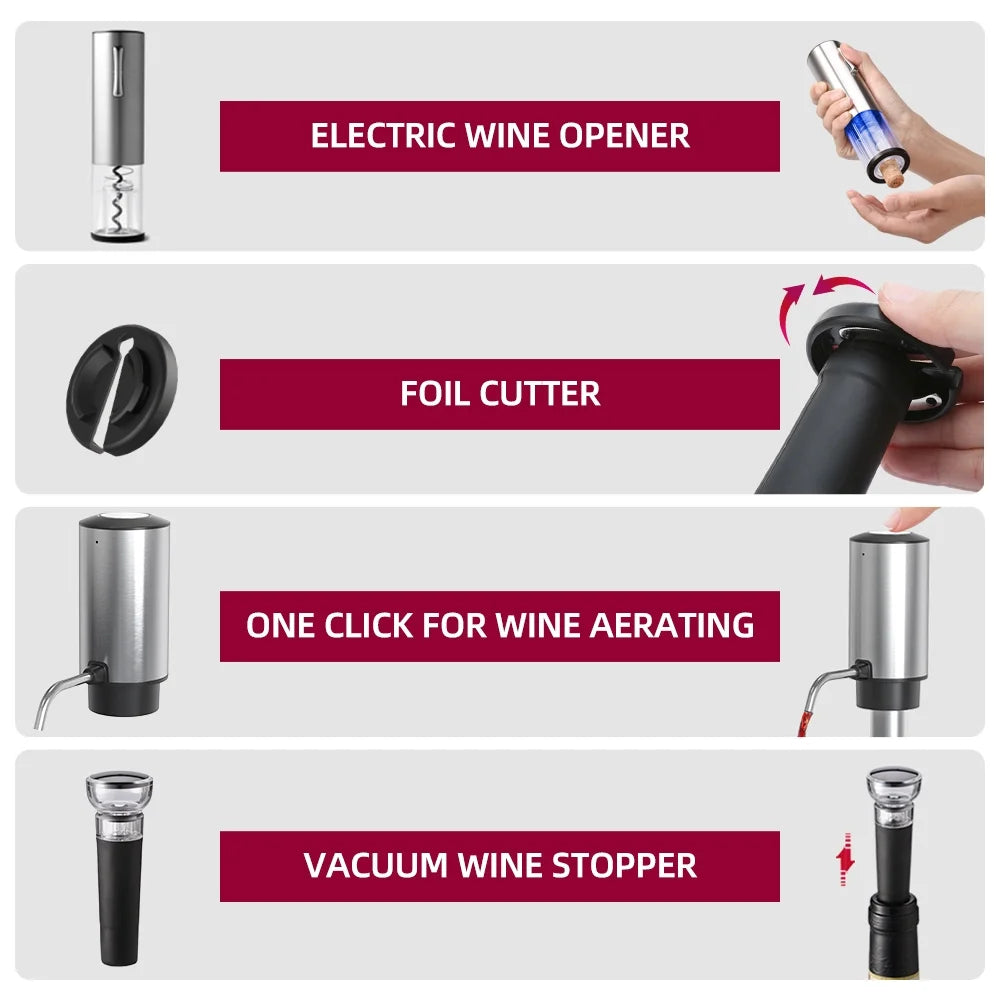 All-in-One Wine Opener Set – USB-C Rechargeable Corkscrew, Aerator, Vacuum Stoppers & Foil Cutter