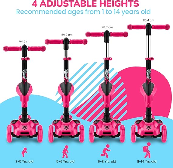 3-Wheel Kids Scooter with LED Light-Up Wheels – Adjustable Lean-to-Steer Handlebar & Foldable Seat, Sit or Stand Ride with Brake for Ages 3–10