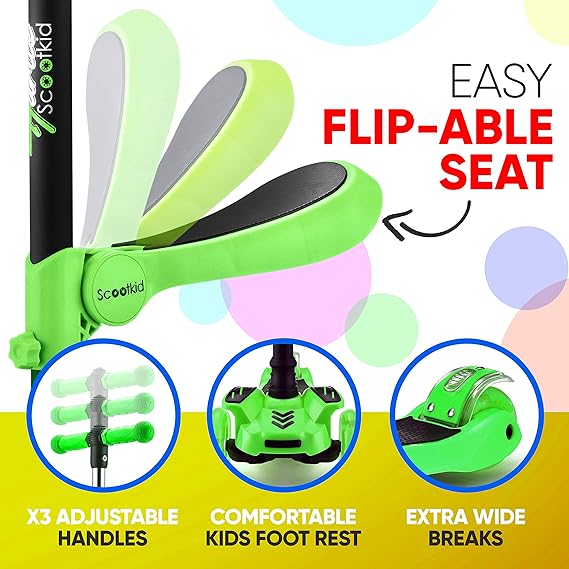 3-Wheel Kids Scooter with LED Light-Up Wheels – Adjustable Lean-to-Steer Handlebar & Foldable Seat, Sit or Stand Ride with Brake for Ages 3–10