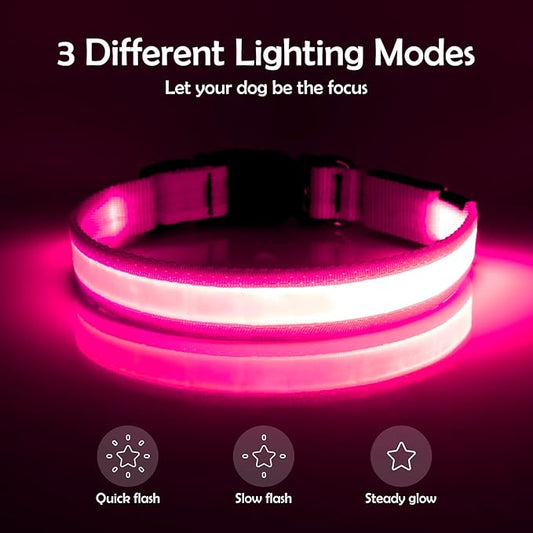 LED Dog Collar – USB Rechargeable Light-Up Safety Collar for Dogs, Adjustable Super Bright Glow for Night Walking (Pink and Blue)