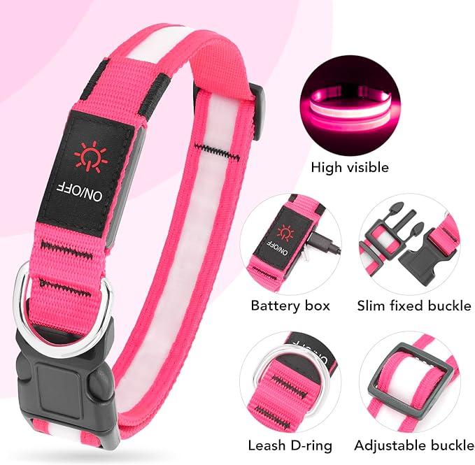 LED Dog Collar – USB Rechargeable Light-Up Safety Collar for Dogs, Adjustable Super Bright Glow for Night Walking (Pink and Blue)