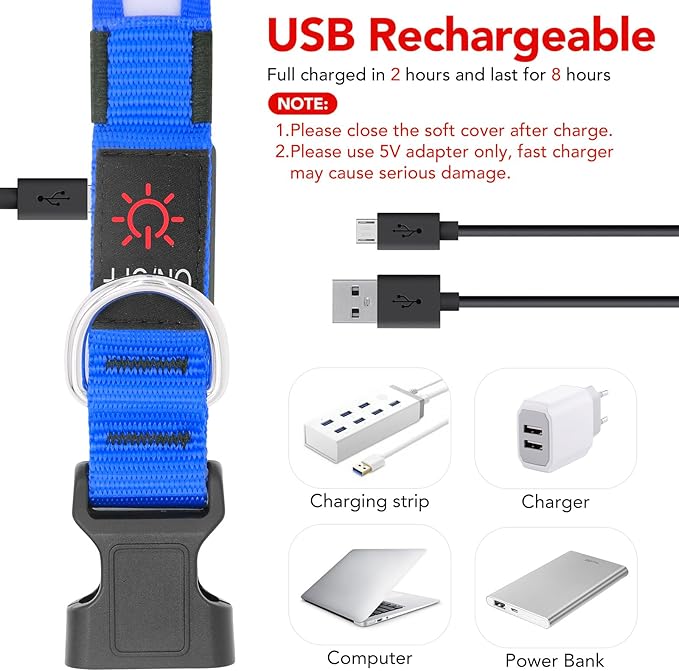 LED Dog Collar – USB Rechargeable Light-Up Safety Collar for Dogs, Adjustable Super Bright Glow for Night Walking (Pink and Blue)