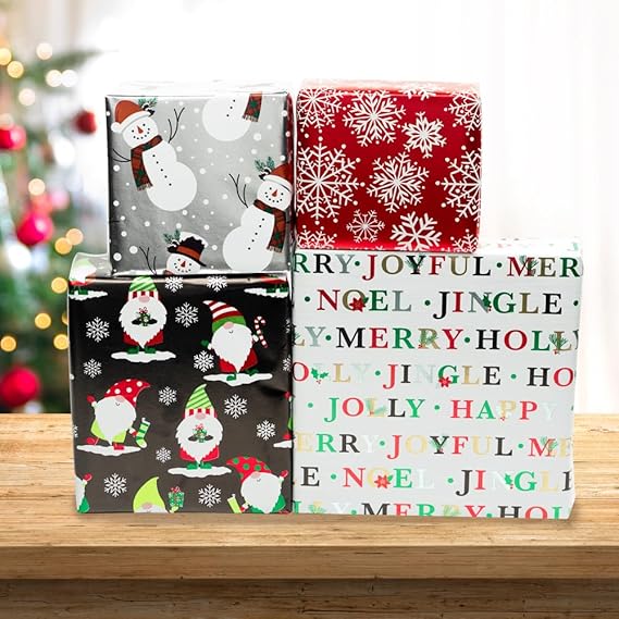 Christmas Foil Wrapping Paper – 4 Rolls, 100 Sq Ft Total | Elegant Holiday Designs for Festive Gifts
