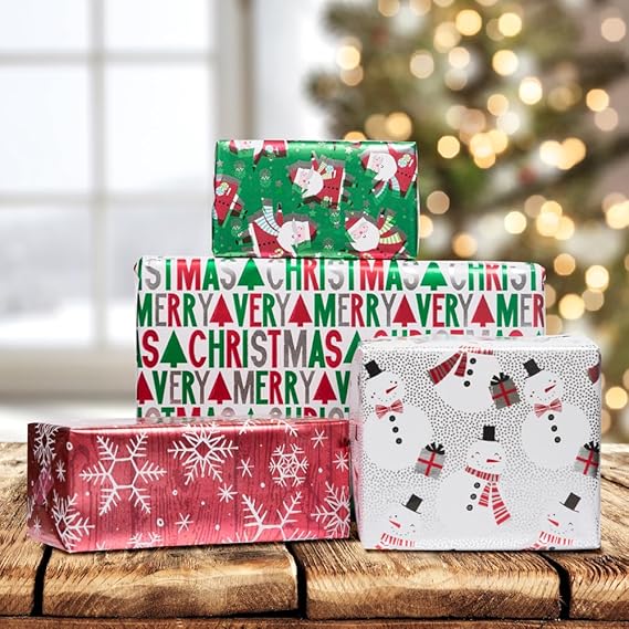Christmas Foil Wrapping Paper – 4 Rolls, 100 Sq Ft Total | Elegant Holiday Designs for Festive Gifts