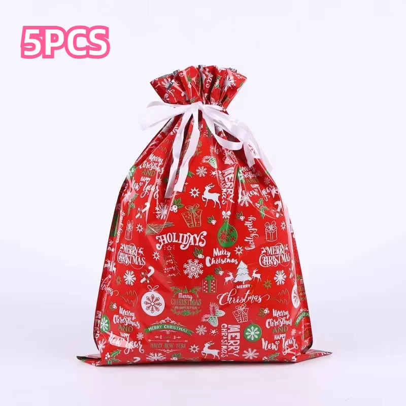 π 5PCS Christmas Drawstring Gift Bags β Reusable Foil Wrapping Sacks for Holiday Presents & Party Favors