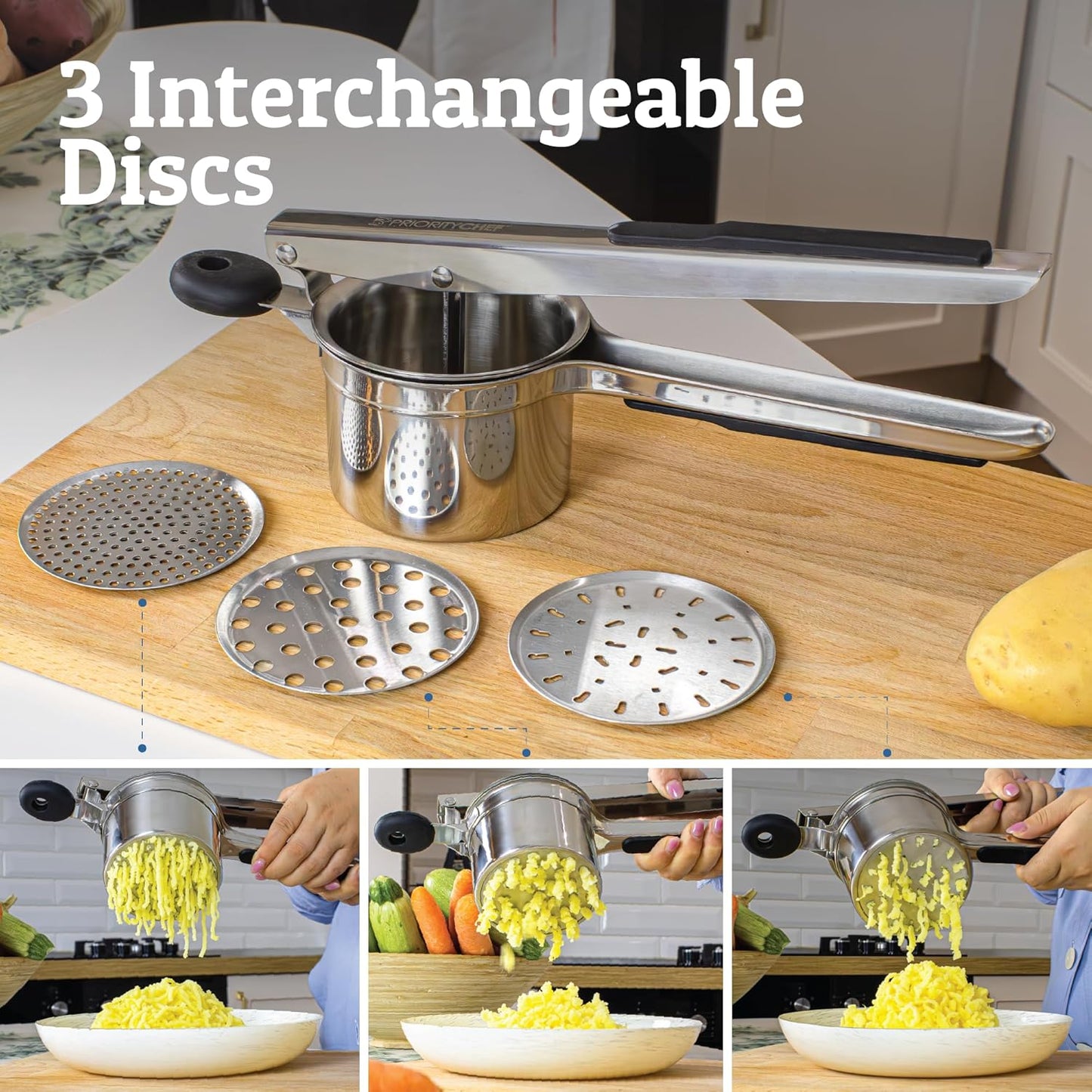 Heavy Duty Potato Ricer with 3 Discs – Stainless Steel Masher for Smooth, Fluffy Potatoes & Veggies (15oz)