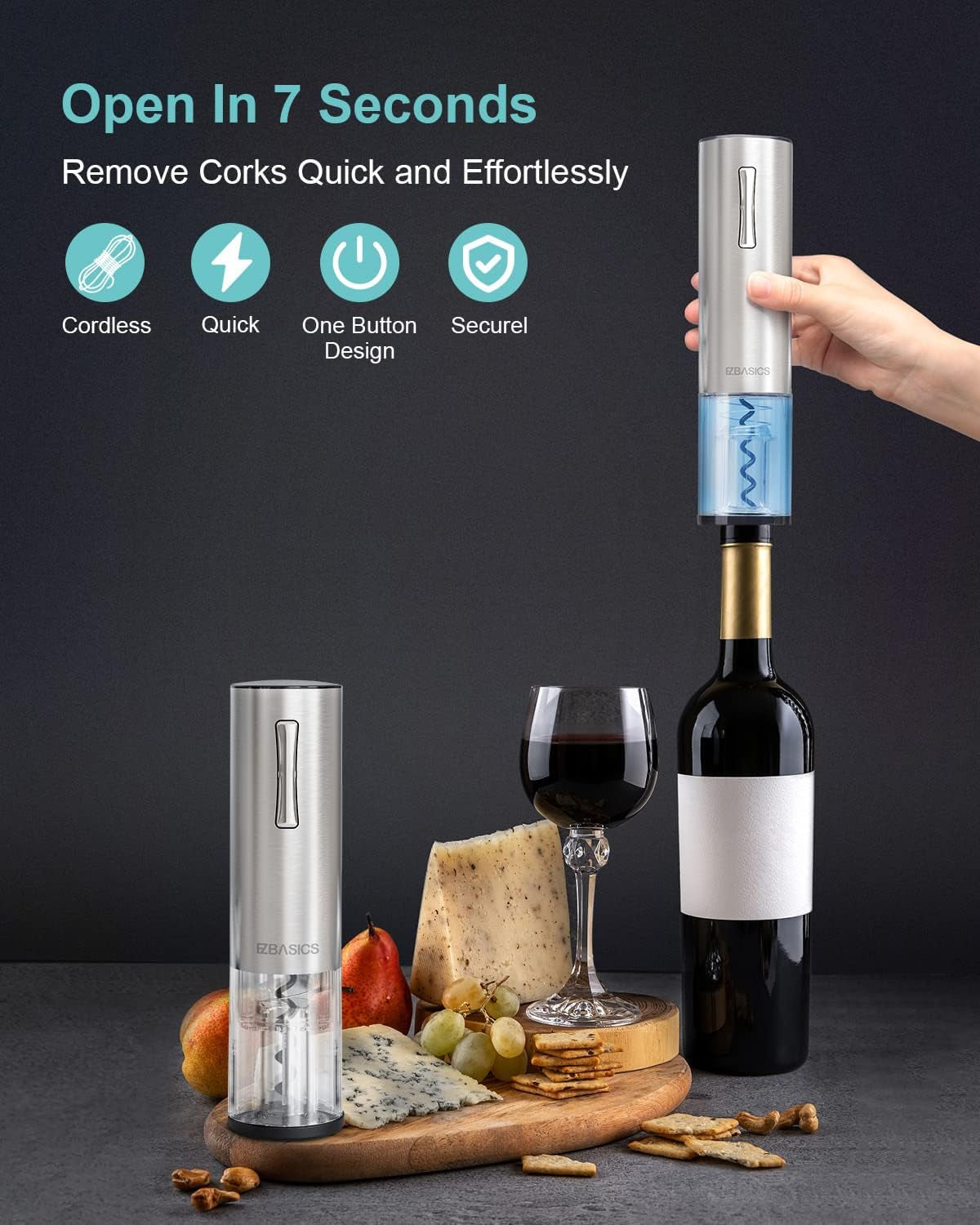 Automatic Electric Wine Opener Kit – Rechargeable Bottle Opener with Foil Cutter, Aerator Pourer & Wine Preserver Stopper- Silver