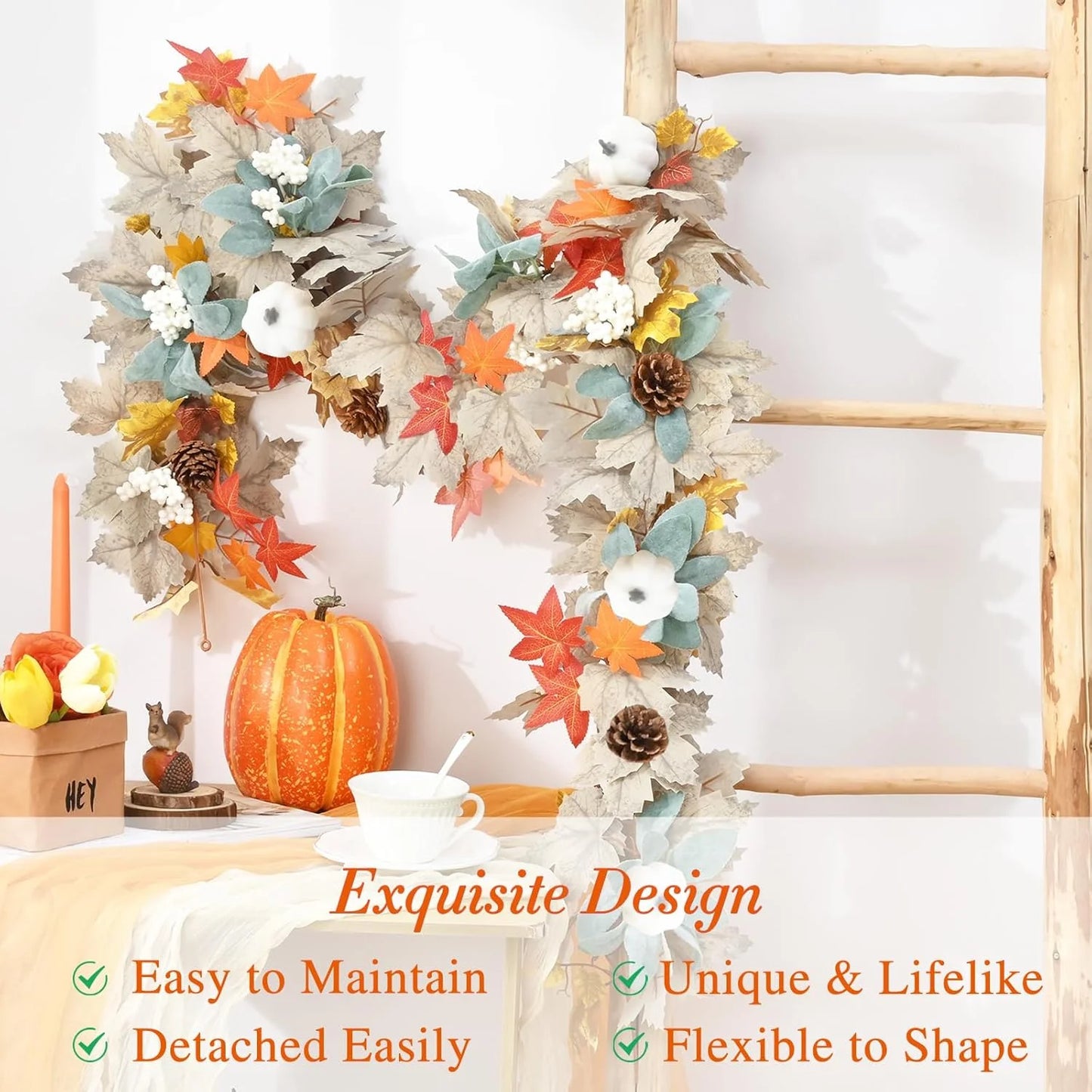 6FT Autumn Garland with Pumpkins, Maple Leaves & Pinecones – Cozy Fall Decorations for Mantle, Fireplace & Home Décor