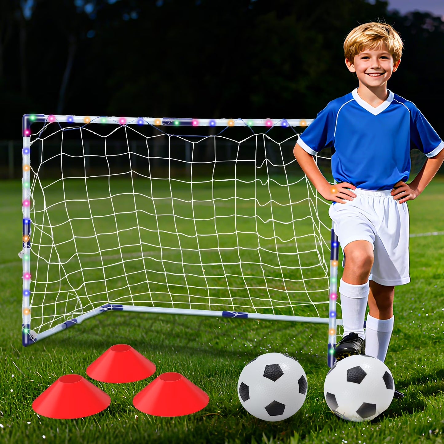 Light-Up Kids Soccer Goal Set for Backyard, Soccer Ball Game Toys with 2 Soccer Balls & 3 Cones, Outdoor Sports Game for Toddler Boys Girls