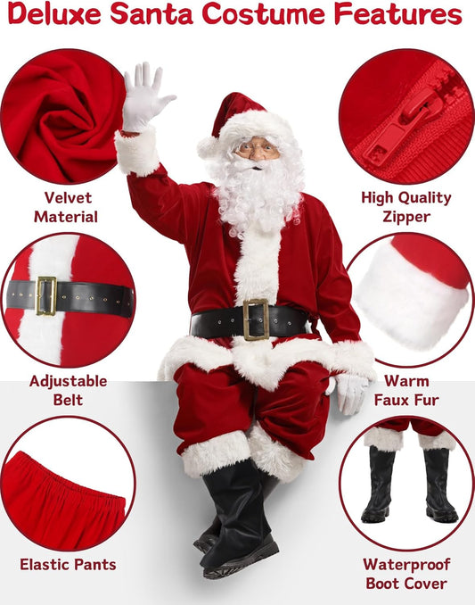 Deluxe Santa Claus Costume for Adults – 11-Piece Men’s Red Velvet Christmas Suit with Beard, Hat & Accessories