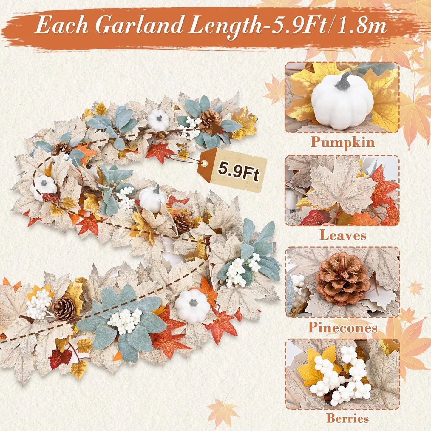 6FT Autumn Garland with Pumpkins, Maple Leaves & Pinecones – Cozy Fall Decorations for Mantle, Fireplace & Home Décor