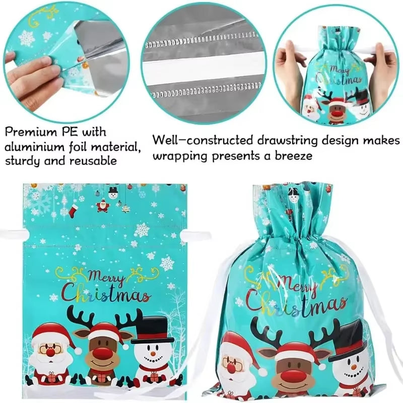 π 5PCS Christmas Drawstring Gift Bags β Reusable Foil Wrapping Sacks for Holiday Presents & Party Favors
