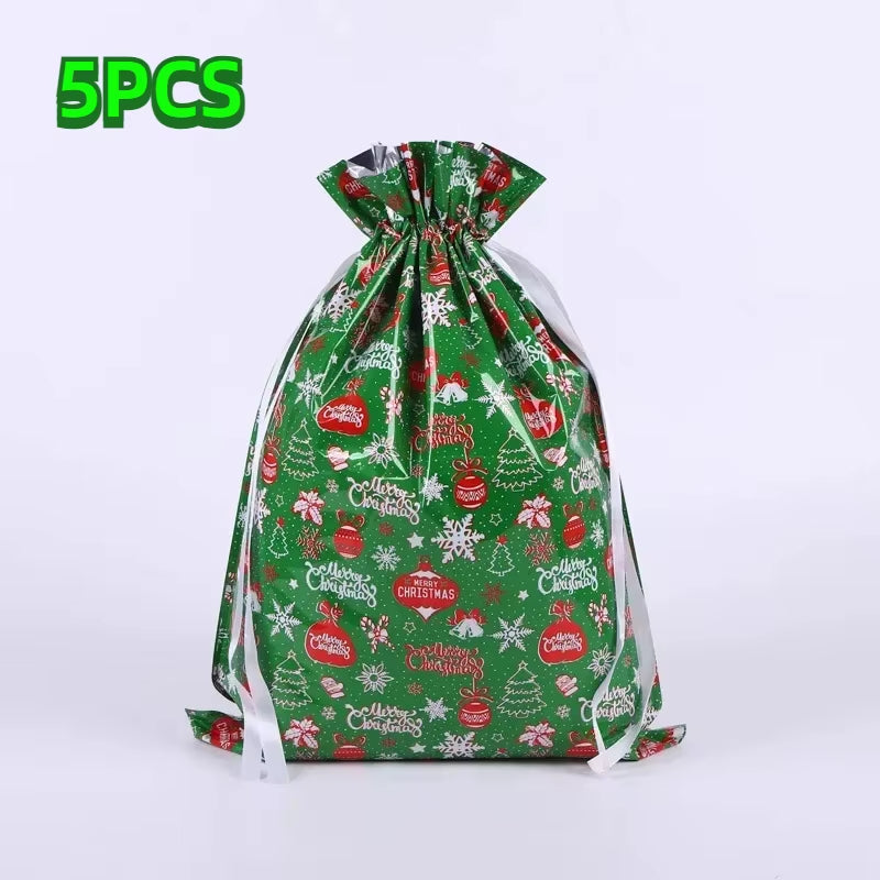 π 5PCS Christmas Drawstring Gift Bags β Reusable Foil Wrapping Sacks for Holiday Presents & Party Favors