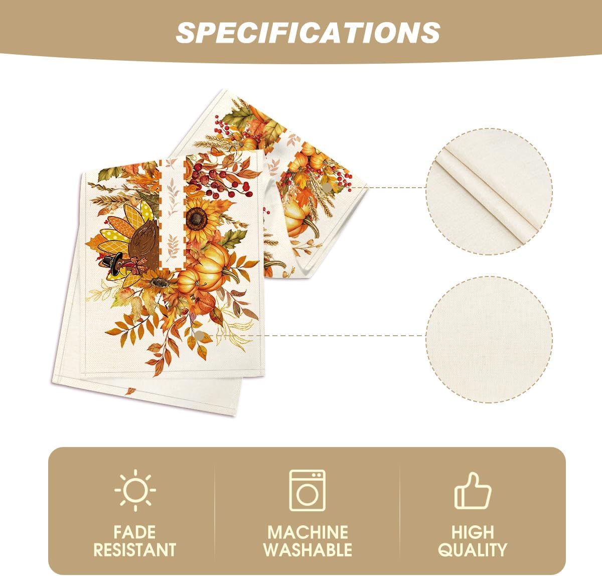 Fall Thanksgiving Table Runner 13x72 Inch β Sunflower, Turkey & Maple Leaf Design for Autumn Kitchen, Dining Table, or Home Party Decor
