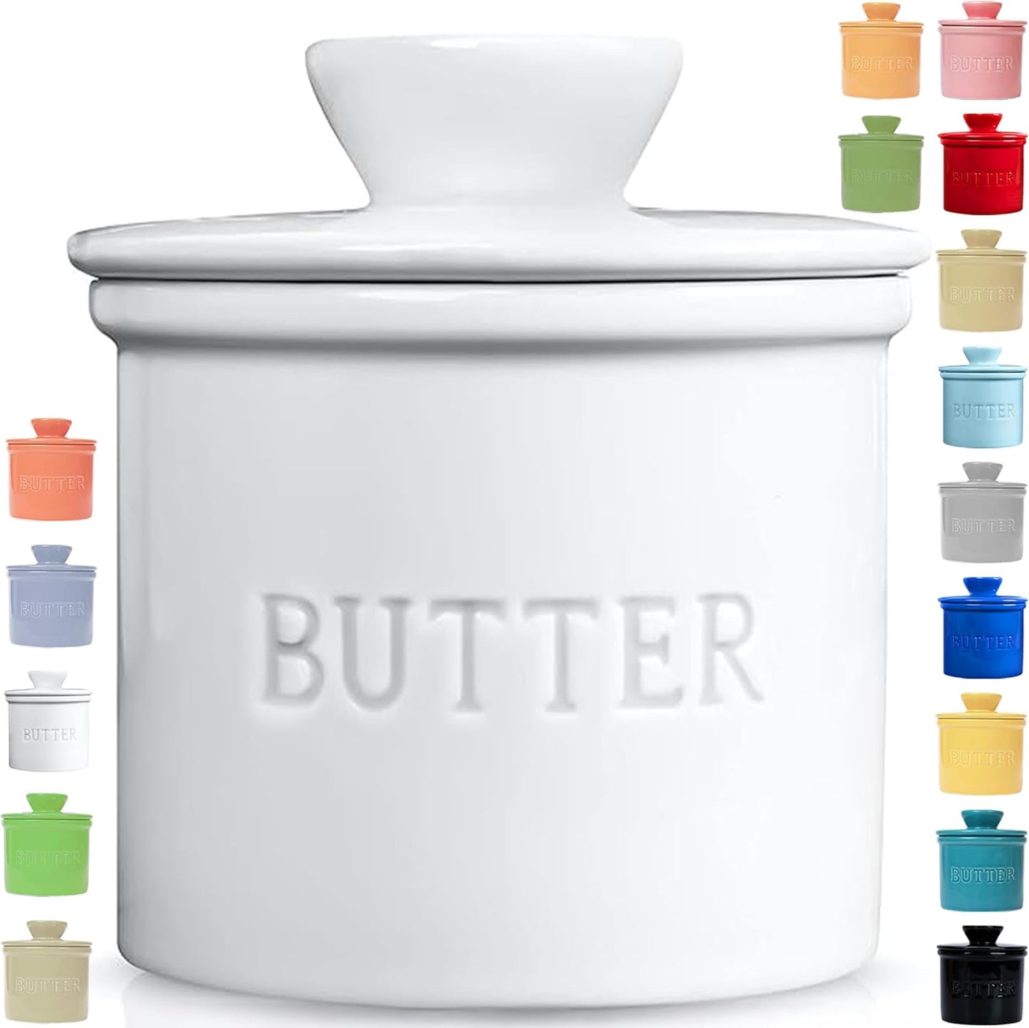 Butter Crock with Lid with Water Line,Ceramic French Butter Dish to Leave on Counter, White