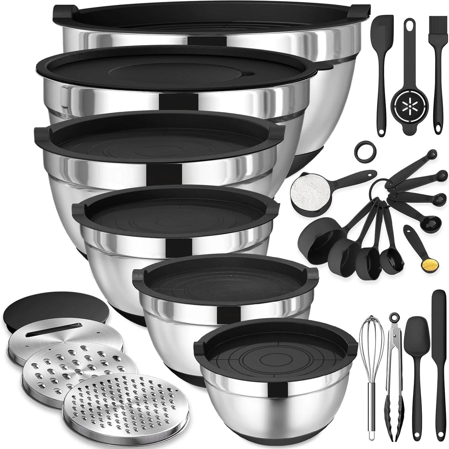 Stainless Steel Mixing Bowl Set with Airtight Lids – 26-Piece Nesting Set with Non-Slip Bottoms & Grater Attachments