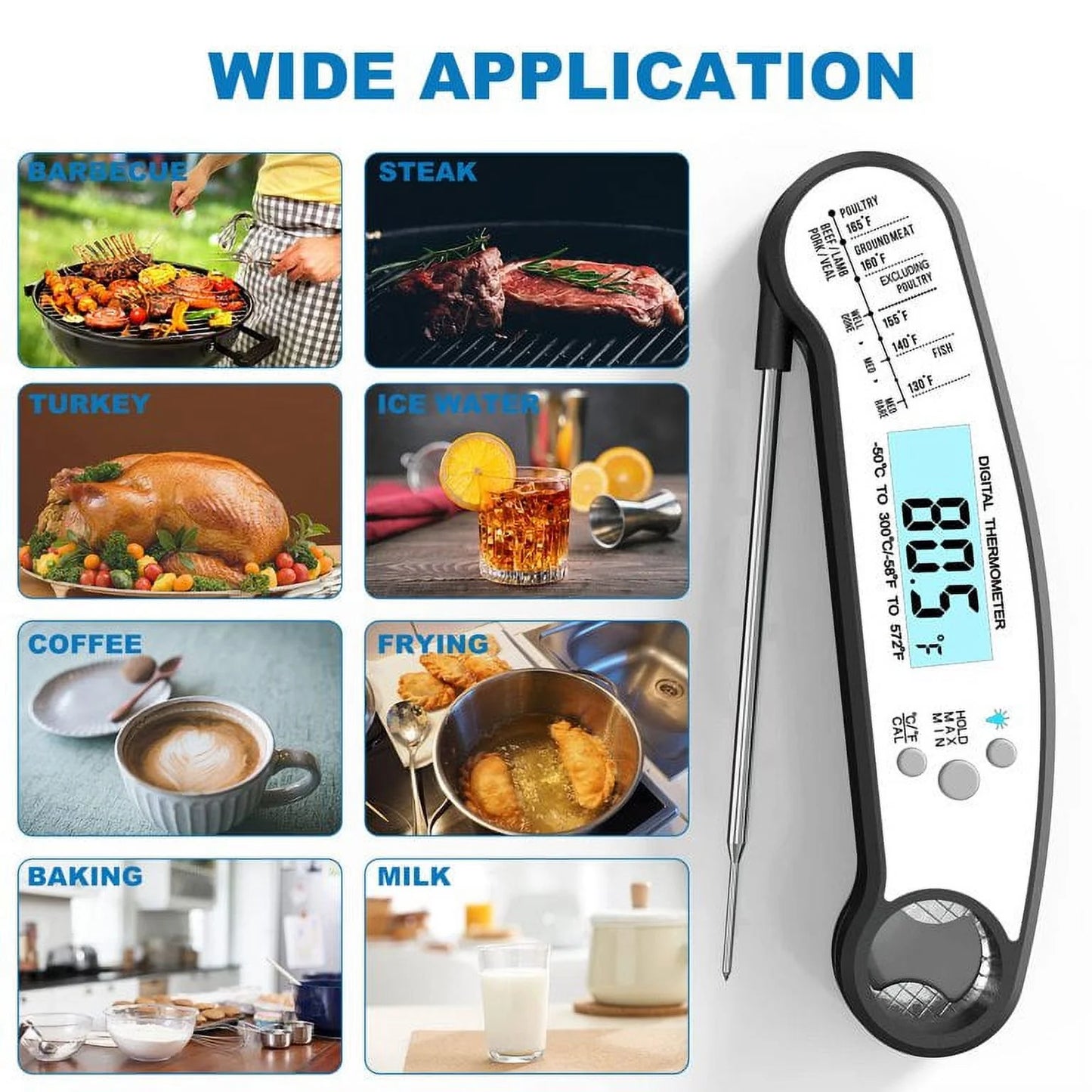Instant Read Meat Thermometer – Digital Food Thermometer for Grilling, BBQ, Kitchen & Outdoor Cooking