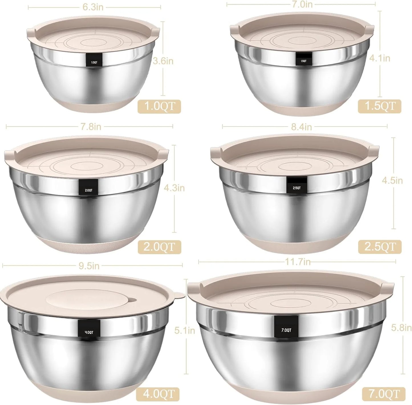 Stainless Steel Mixing Bowl Set with Airtight Lids – 26-Piece Nesting Set with Non-Slip Bottoms & Grater Attachments