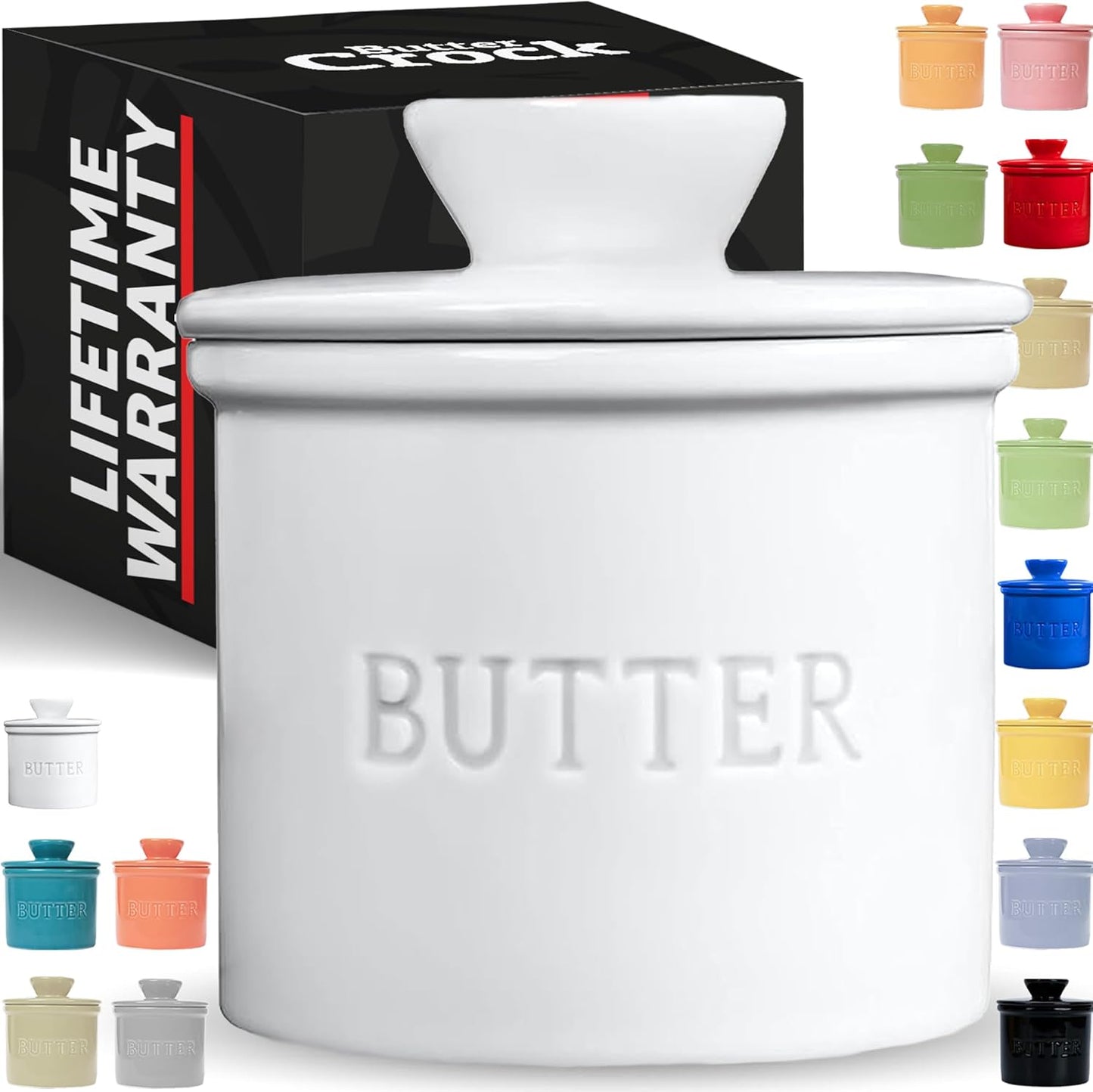 Butter Crock with Lid with Water Line,Ceramic French Butter Dish to Leave on Counter, White