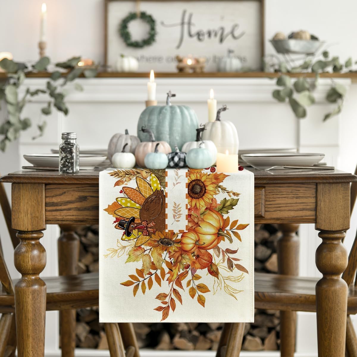 Fall Thanksgiving Table Runner 13x72 Inch β Sunflower, Turkey & Maple Leaf Design for Autumn Kitchen, Dining Table, or Home Party Decor