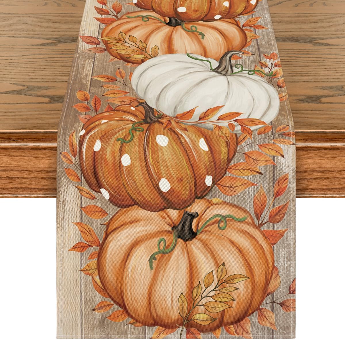Buffalo Plaid Orange Pumpkins Eucalyptus Fall Table Runner, Autumn Thanksgiving Kitchen Dining Table Decoration for Home Party Decor