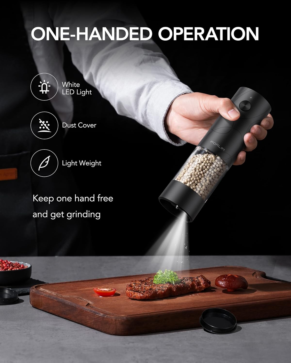 Automatic Salt & Pepper Grinder Set – USB Rechargeable, One-Touch Control, Adjustable Coarseness, LED Light, Dust Cover, 2-Pack (Black & White)