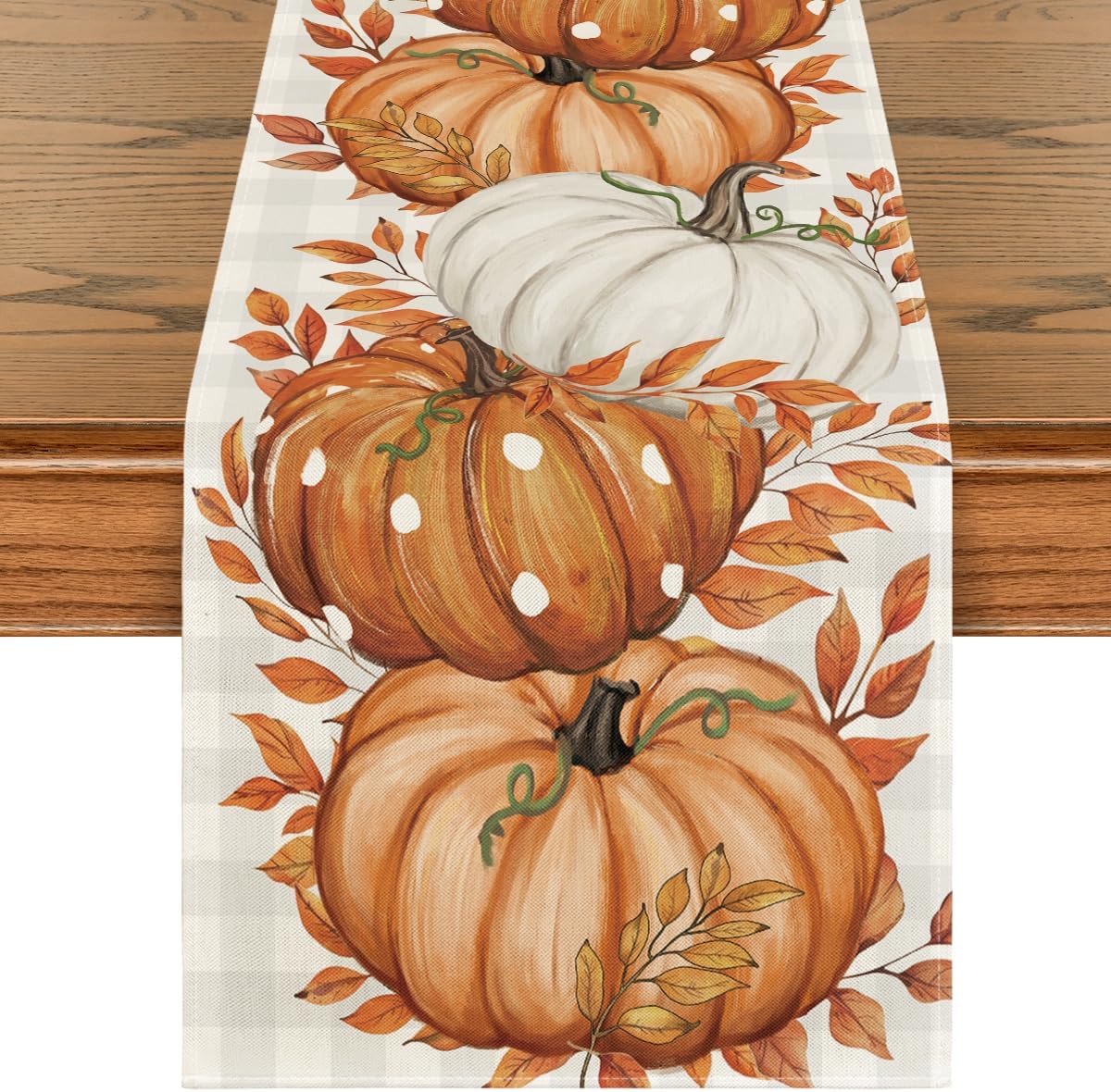 Buffalo Plaid Orange Pumpkins Eucalyptus Fall Table Runner, Autumn Thanksgiving Kitchen Dining Table Decoration for Home Party Decor