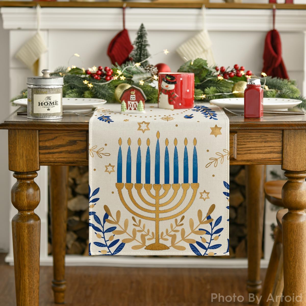 Hanukkah Table Runner – Elegant Watercolor Star Design, Holiday Dining Decor 13x72"