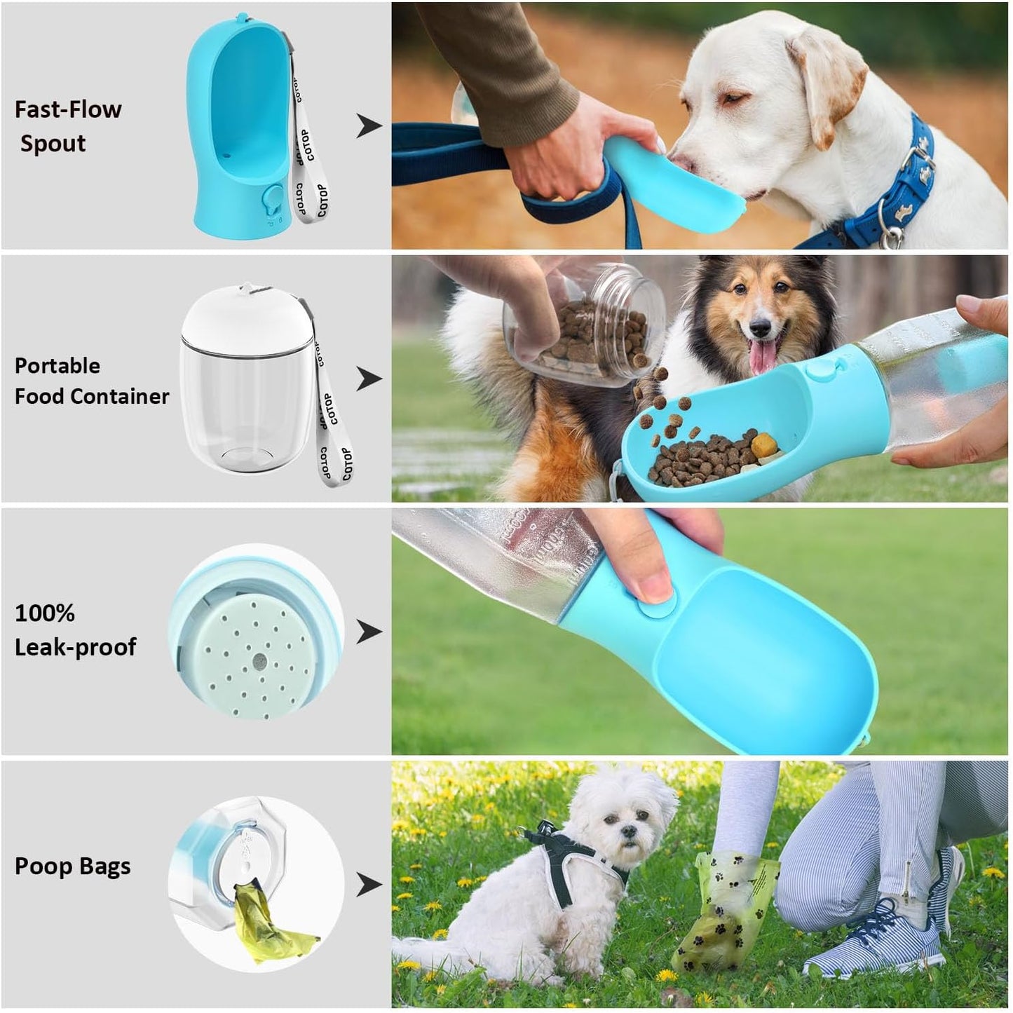 20oz Portable Dog Water Bottle – Leakproof Pet Dispenser with Food Container & Poop Bag Holder for Walking, Hiking & Travel (Multi Colors)