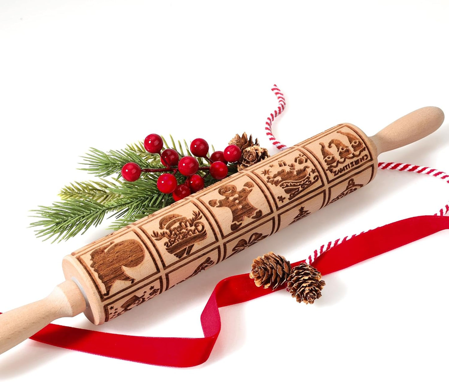 17" Embossed Wooden Rolling Pin β 3mm Deep Christmas Cookie Roller with Holiday Designs & Cleaning Brush
