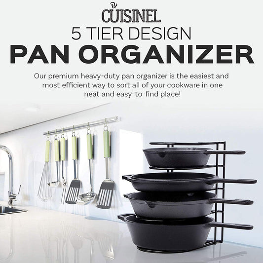 Heavy Duty Pan Organizer Rack β 5-Tier Vertical or Horizontal Storage for Skillets, Griddles & Lids β Holds Up to 50 lbs