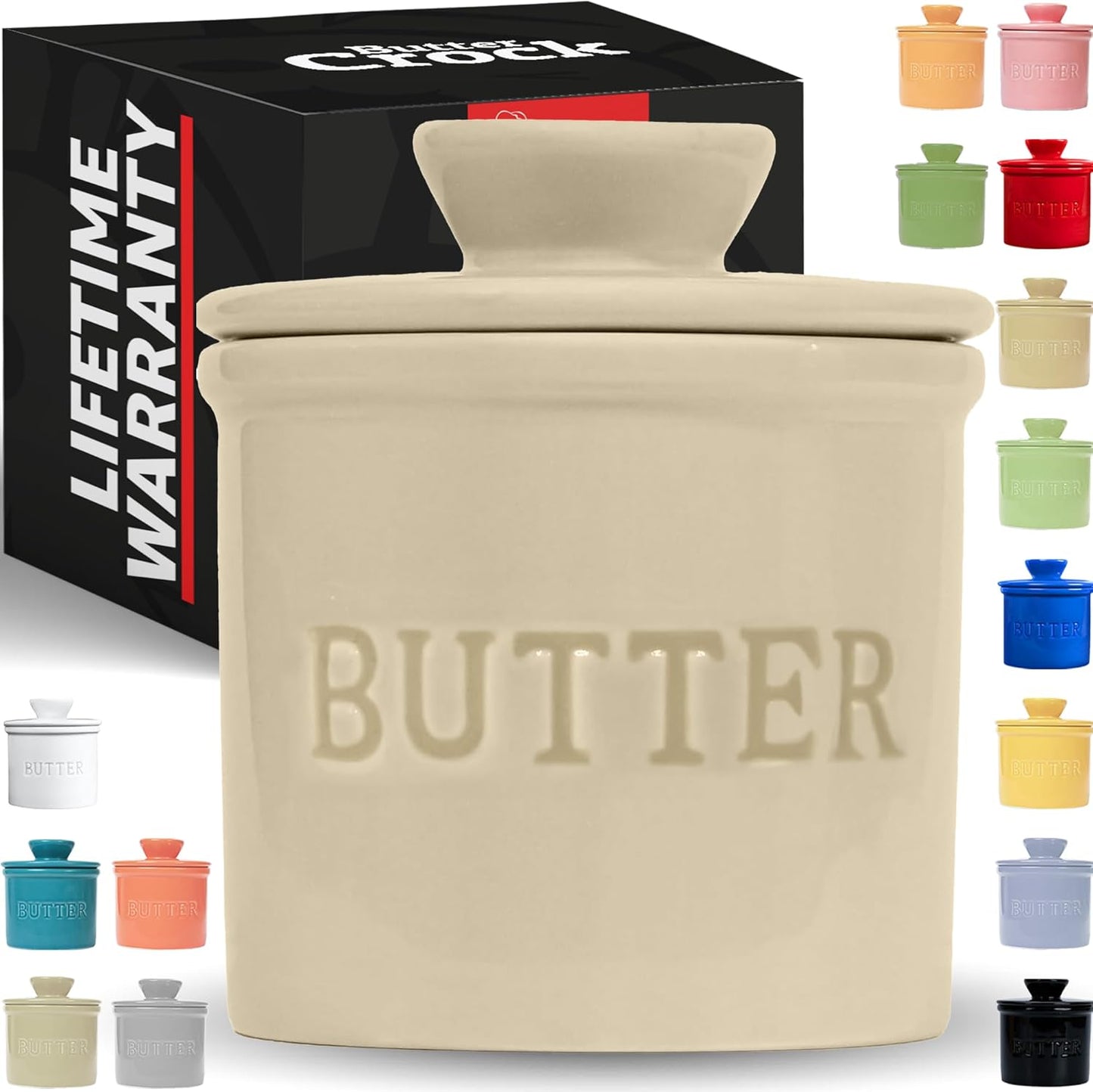 Butter Crock with Lid with Water Line,Ceramic French Butter Dish to Leave on Counter, White