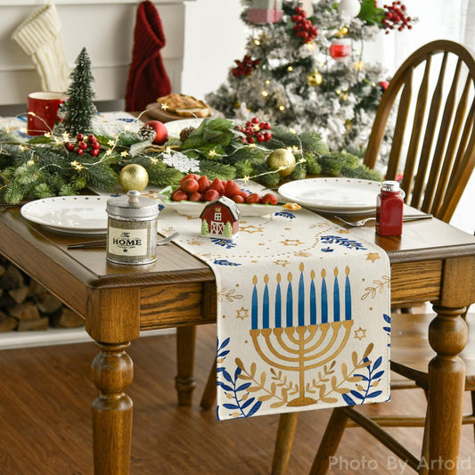 Hanukkah Table Runner – Elegant Watercolor Star Design, Holiday Dining Decor 13x72"