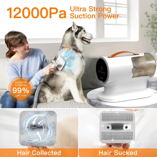 Dog Grooming Vacuum Kit – 12,000Pa Powerful Pet Hair Remover with 2L Large Dust Cup, Low-Noise Shedding & Trimming System for Dogs and Cats