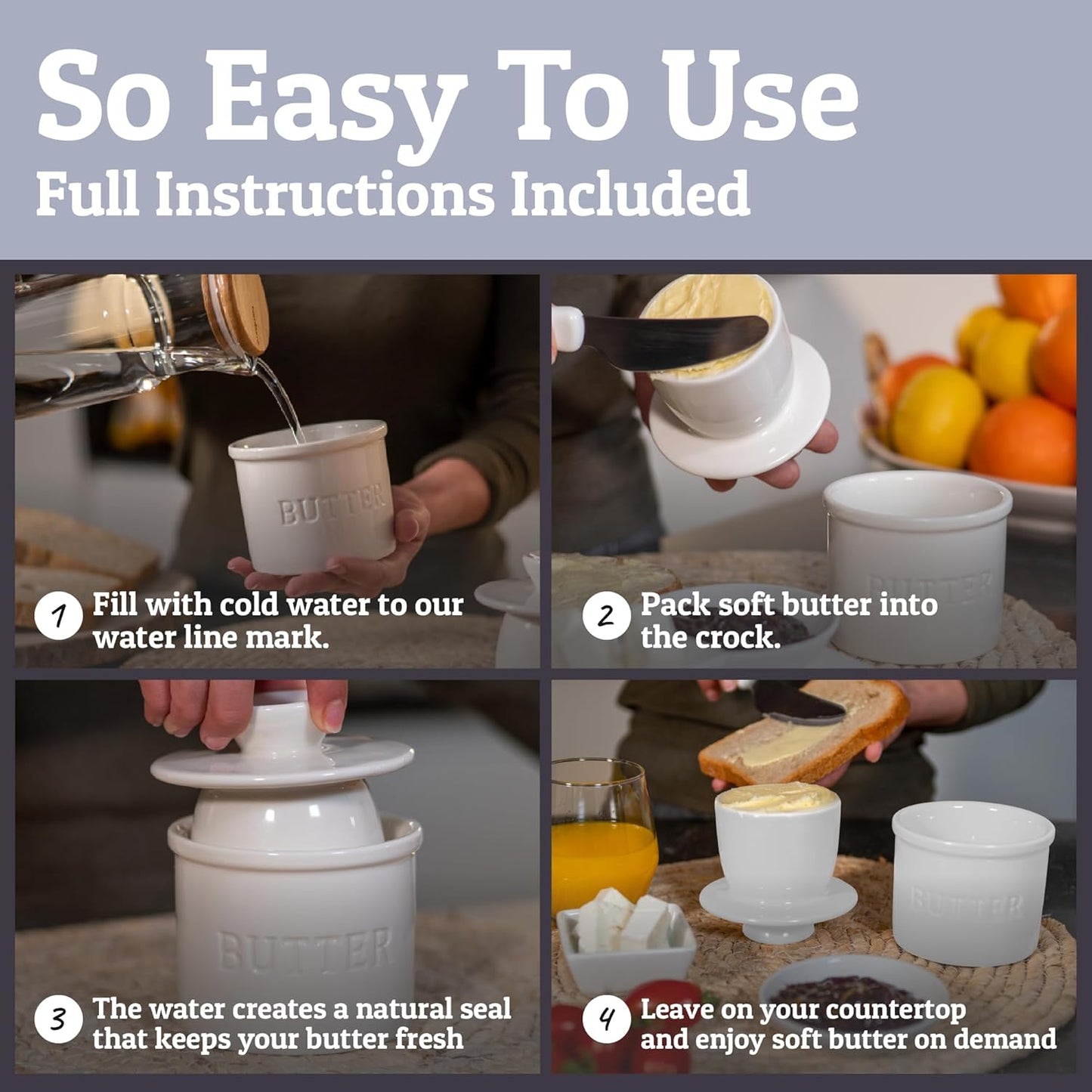 Butter Crock with Lid with Water Line,Ceramic French Butter Dish to Leave on Counter, White