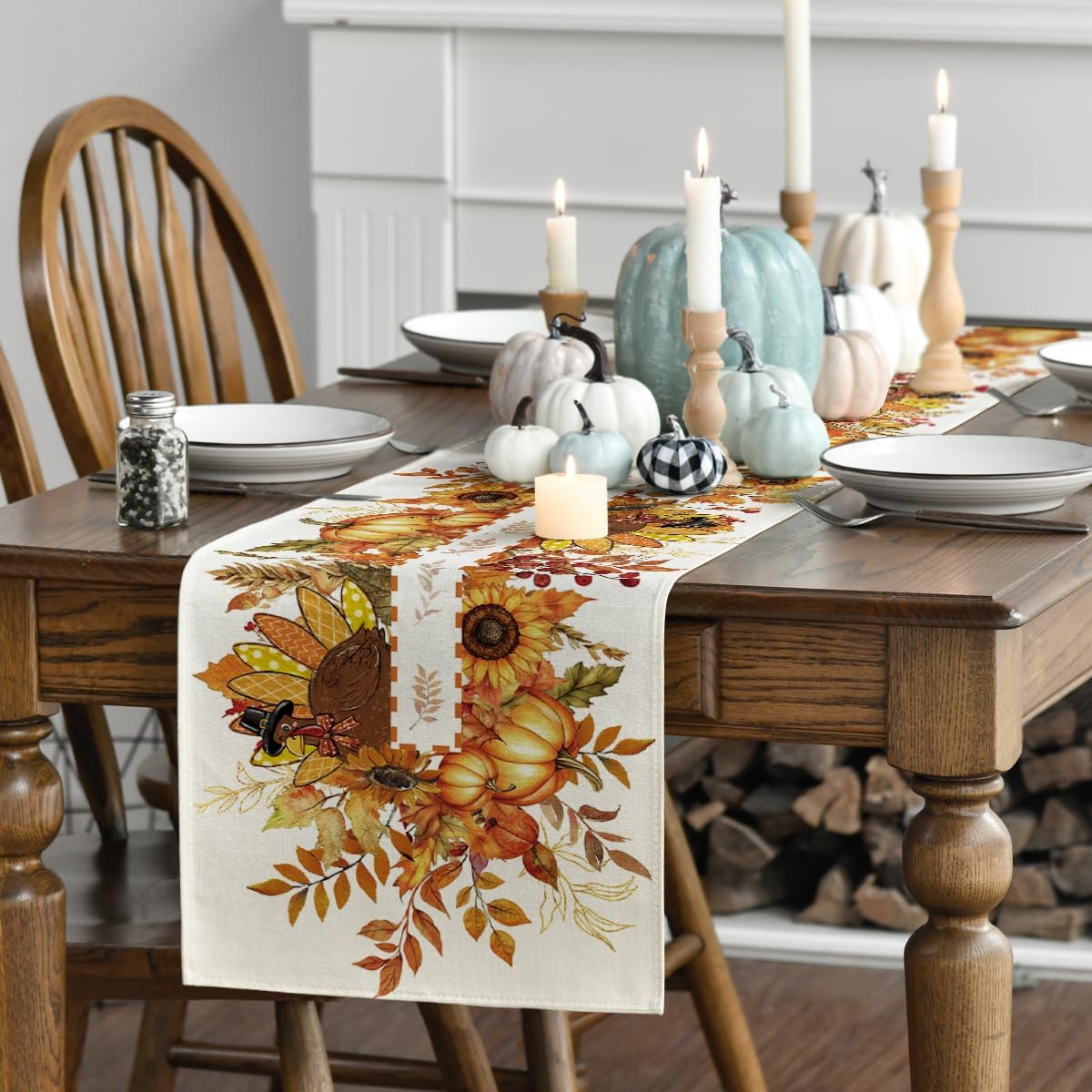 Fall Thanksgiving Table Runner 13x72 Inch β Sunflower, Turkey & Maple Leaf Design for Autumn Kitchen, Dining Table, or Home Party Decor