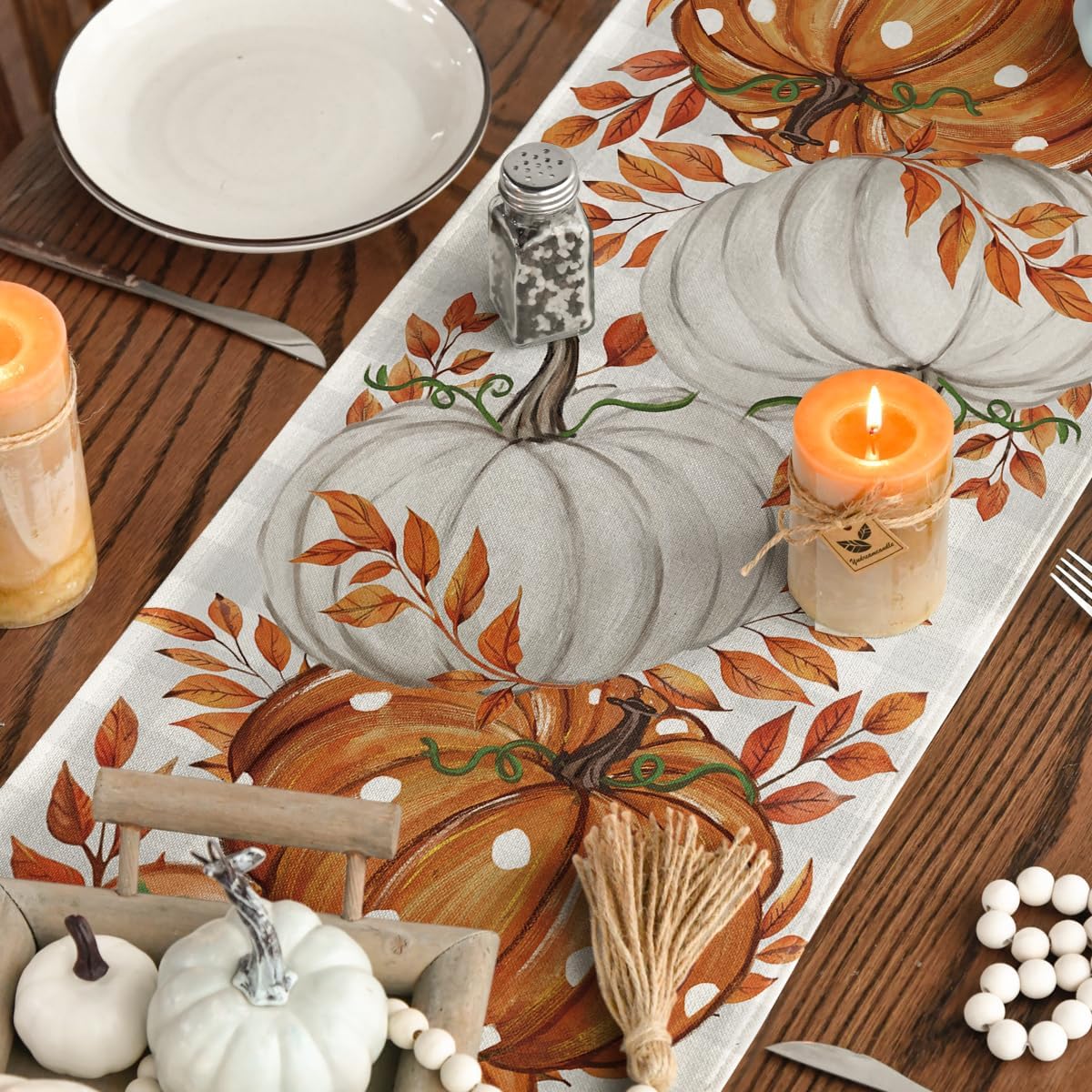 Buffalo Plaid Orange Pumpkins Eucalyptus Fall Table Runner, Autumn Thanksgiving Kitchen Dining Table Decoration for Home Party Decor