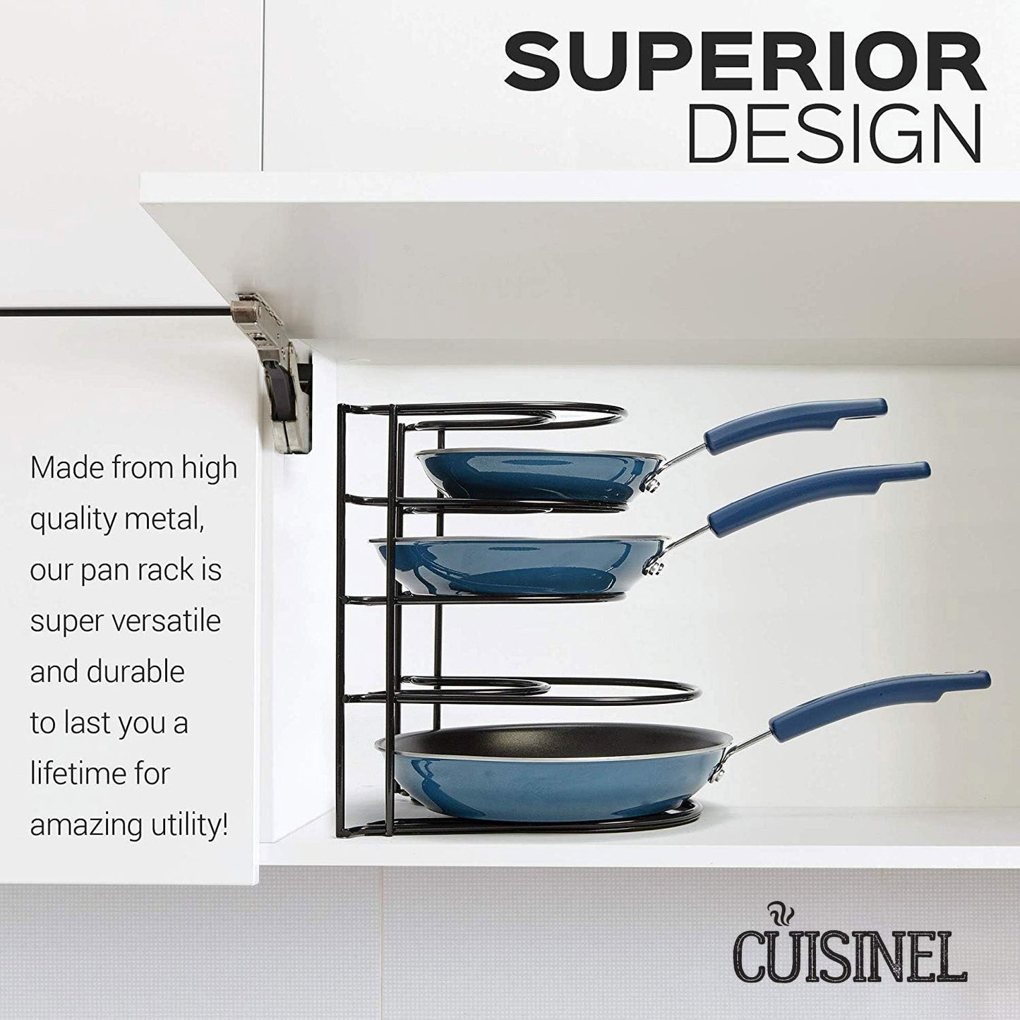 Heavy Duty Pan Organizer Rack – 5-Tier Vertical or Horizontal Storage for Skillets, Griddles & Lids – Holds Up to 50 lbs