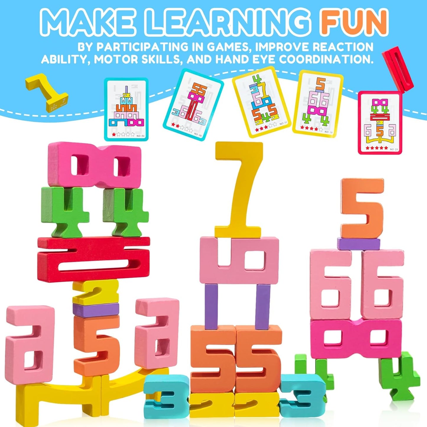Wooden Number Building Blocks - 20-Piece Educational Stacking & Counting & Balance Toy for Kids Ages 3+
