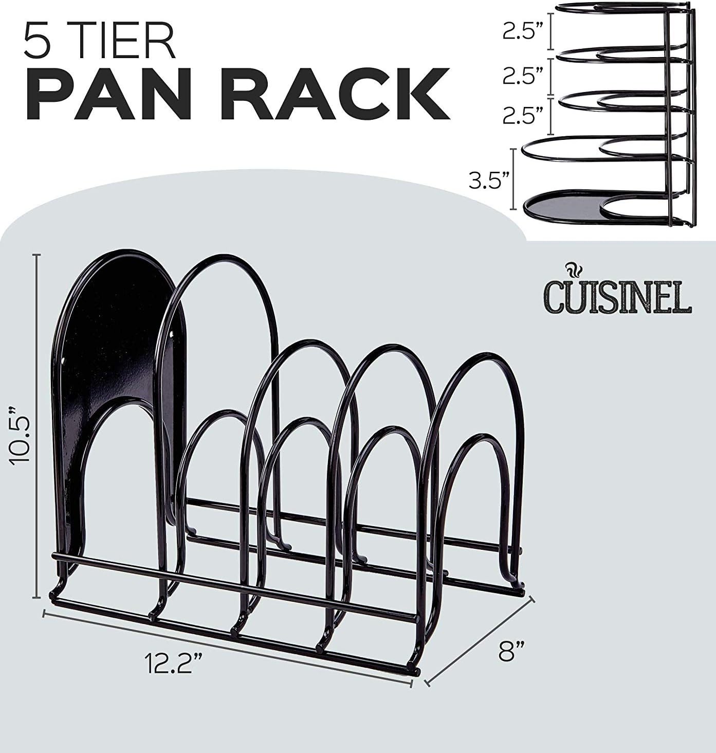 Heavy Duty Pan Organizer Rack – 5-Tier Vertical or Horizontal Storage for Skillets, Griddles & Lids – Holds Up to 50 lbs